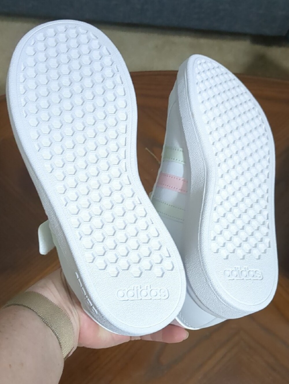 adidas Kids White Sneakers with Pastel Pink and Pastel Green Stripes - Picture 4 of 6